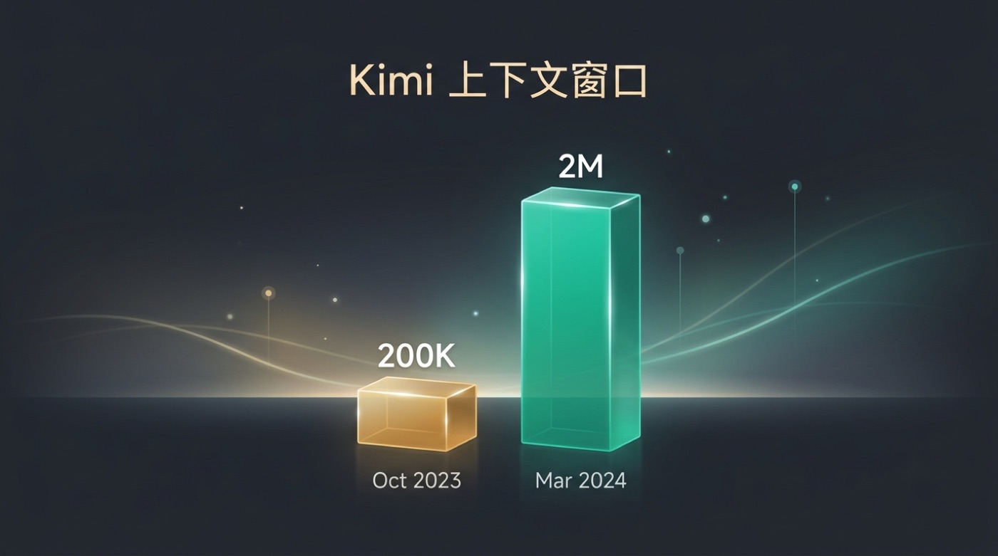 Bar chart showing Kimi context window growing from 200,000 to 2 million Chinese characters