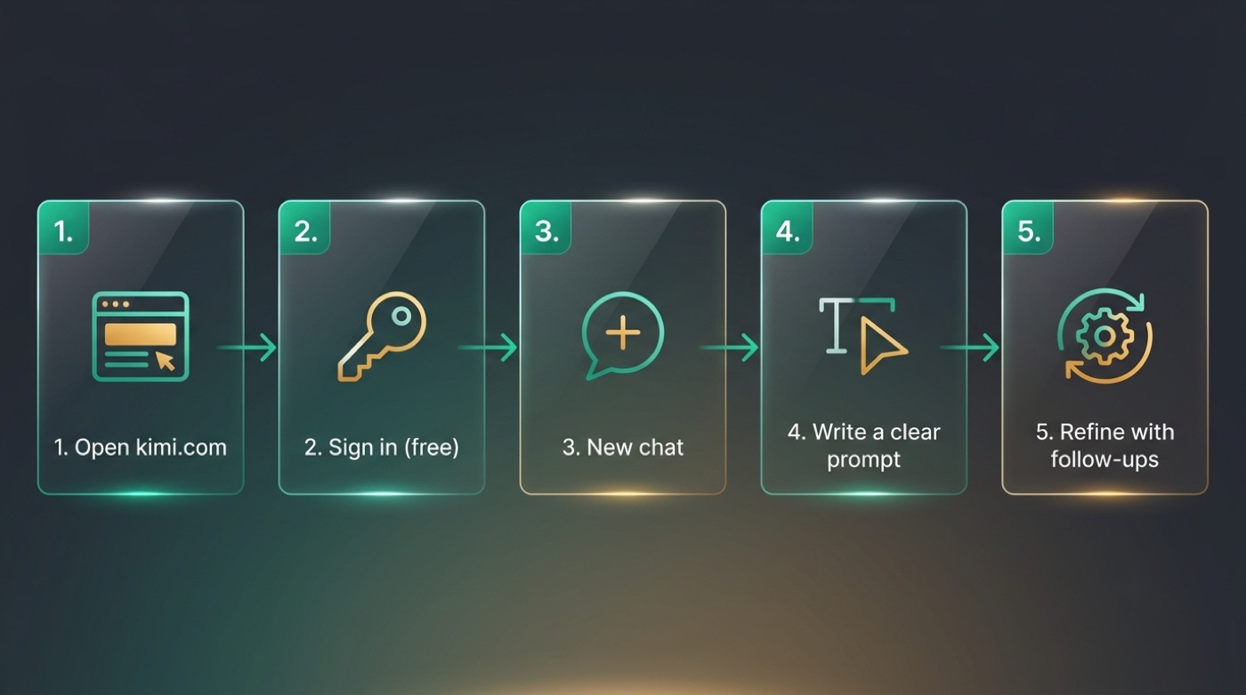 Five-step flow to use Kimi: open kimi.com, sign in free, start a new chat, write a clear prompt, refine with follow-ups