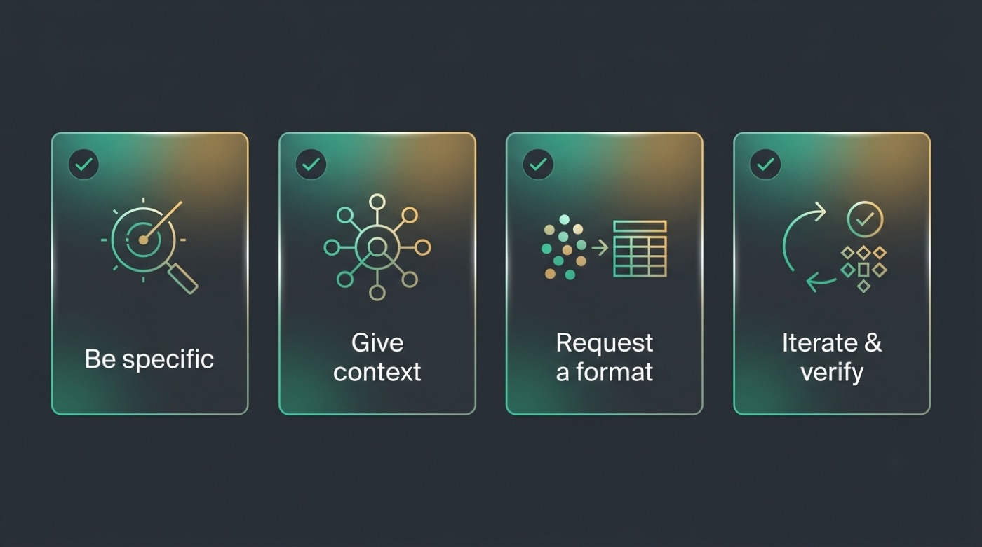 Four prompting tips for Kimi: be specific, give context, request a format, and iterate and verify