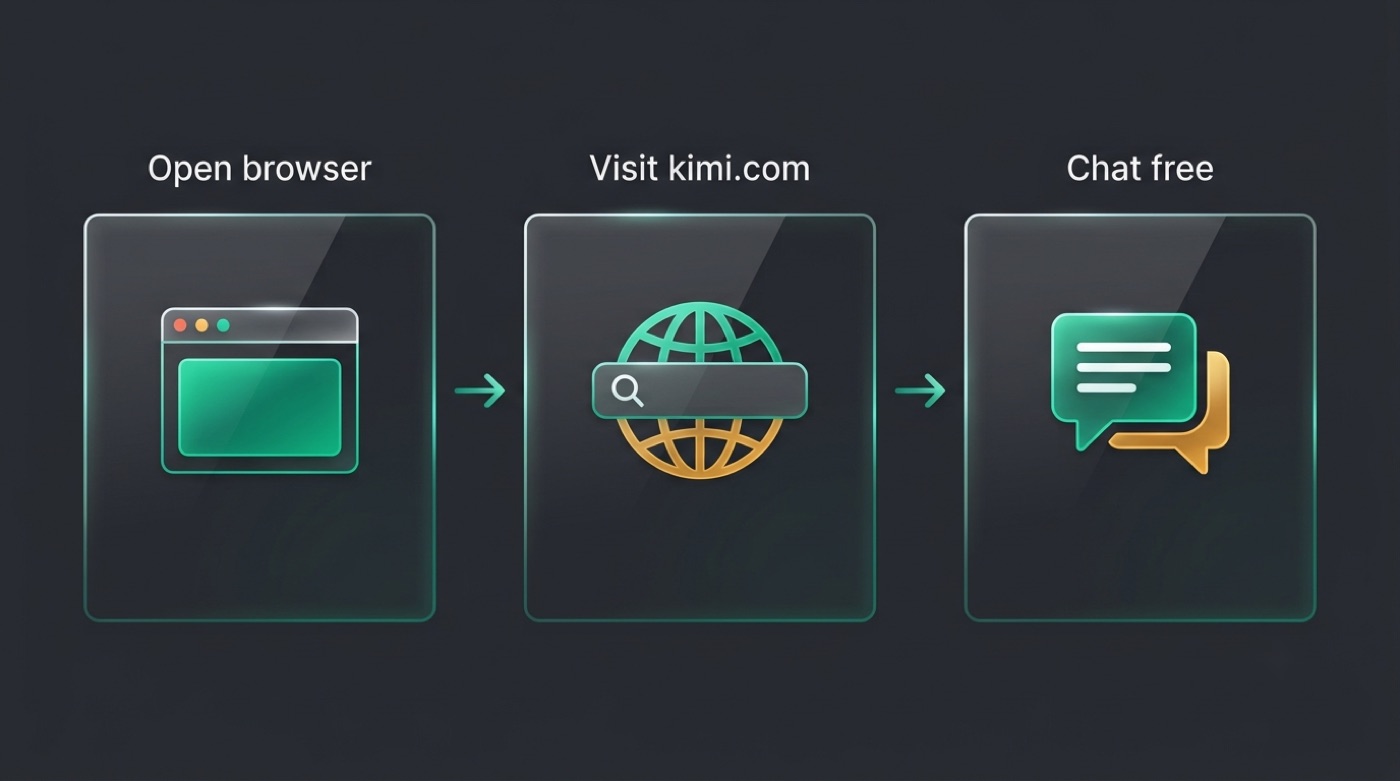 Three steps to use Kimi free: open browser, visit kimi.com, chat free
