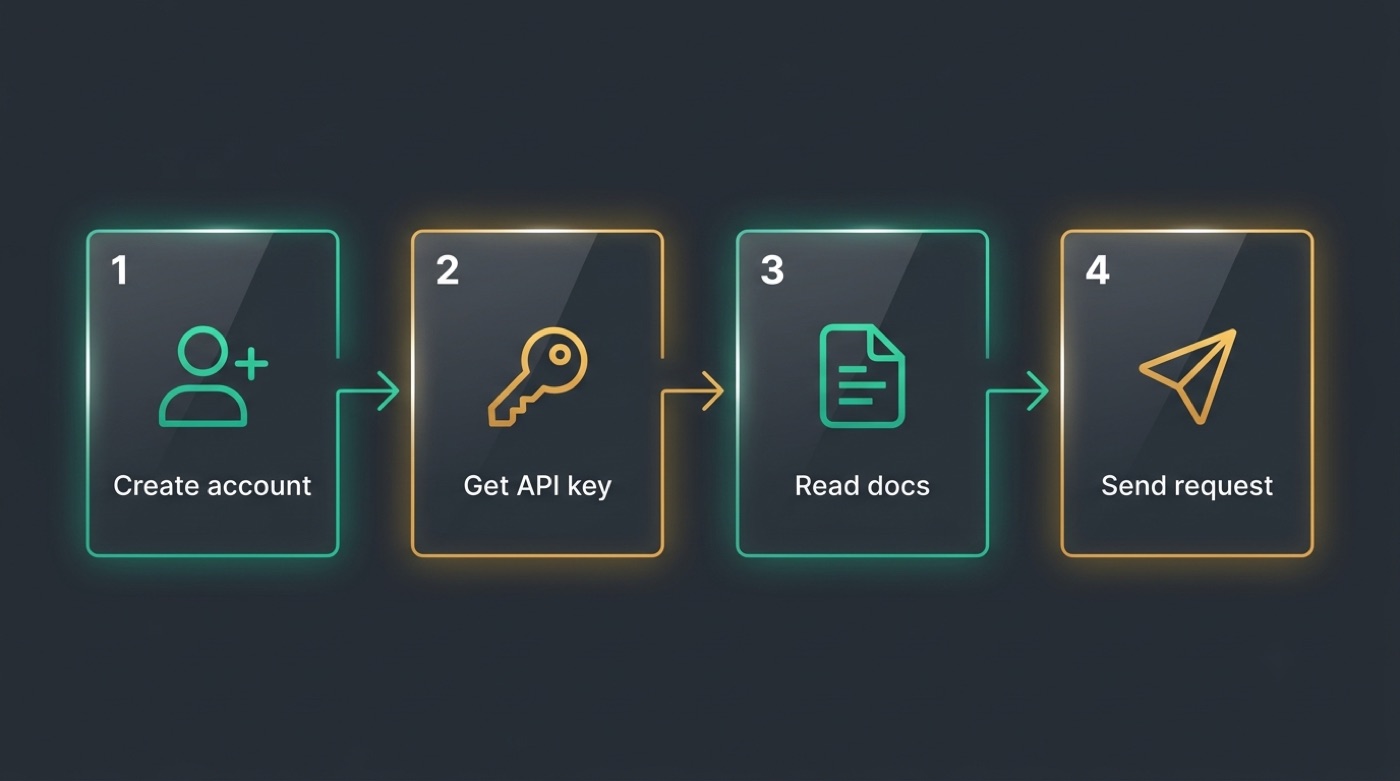 Four steps to access the Kimi API: create account, get API key, read docs, send request