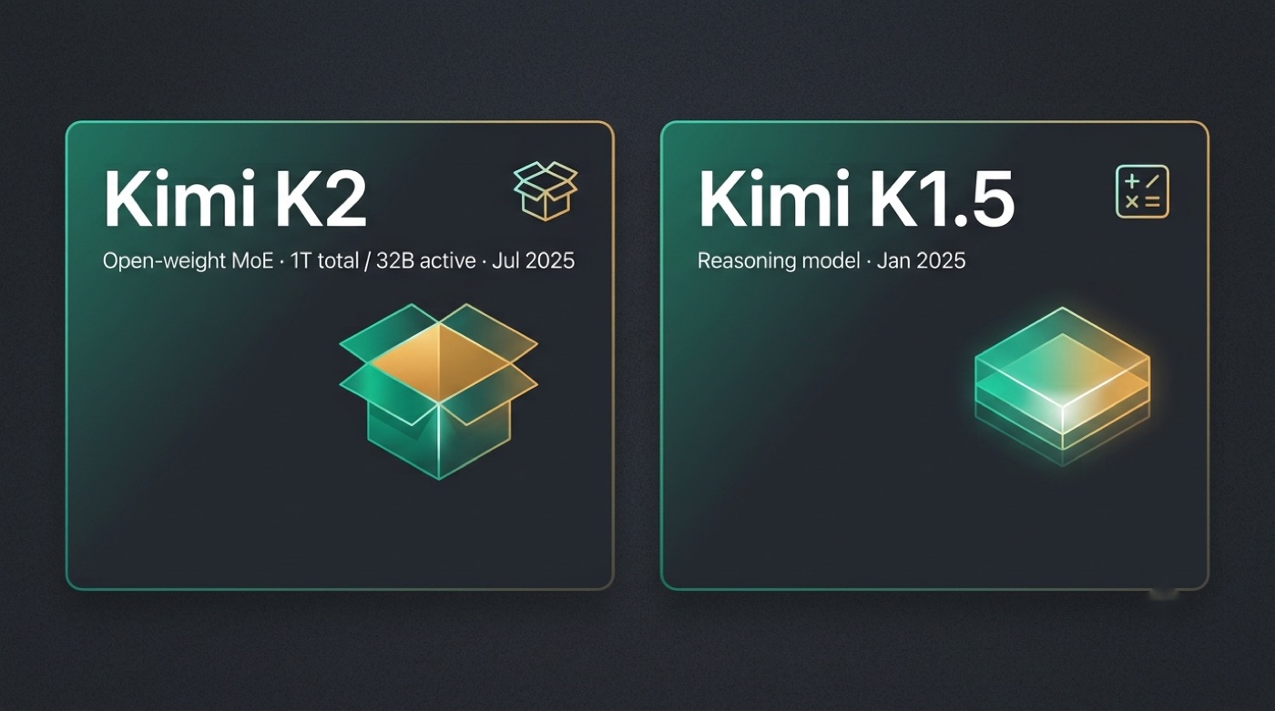 Kimi K2 (open-weight MoE, 1T total / 32B active, Jul 2025) compared with Kimi K1.5 (reasoning, Jan 2025)