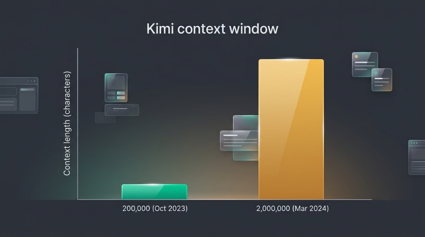 Bar chart comparing Kimi context length of 200,000 versus 2,000,000 Chinese characters