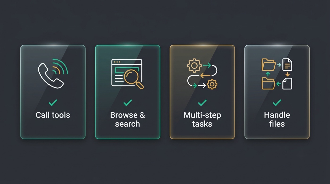 Four cards showing Kimi agentic actions: call tools, browse and search, multi-step tasks, handle files