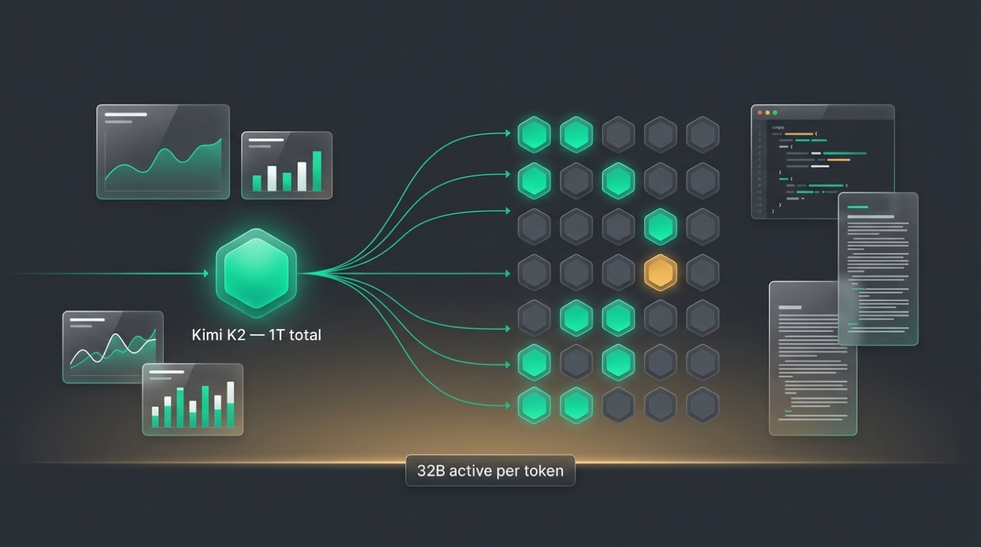 Diagram of Kimi K2's Mixture-of-Experts design: 1 trillion total parameters routing to a grid of experts with only a few active per token