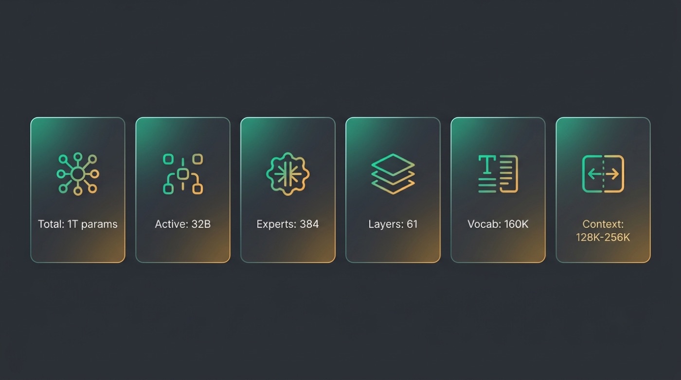 Six spec cards for Kimi K2: 1T total params, 32B active, 384 experts, 61 layers, 160K vocabulary, 128K-256K context