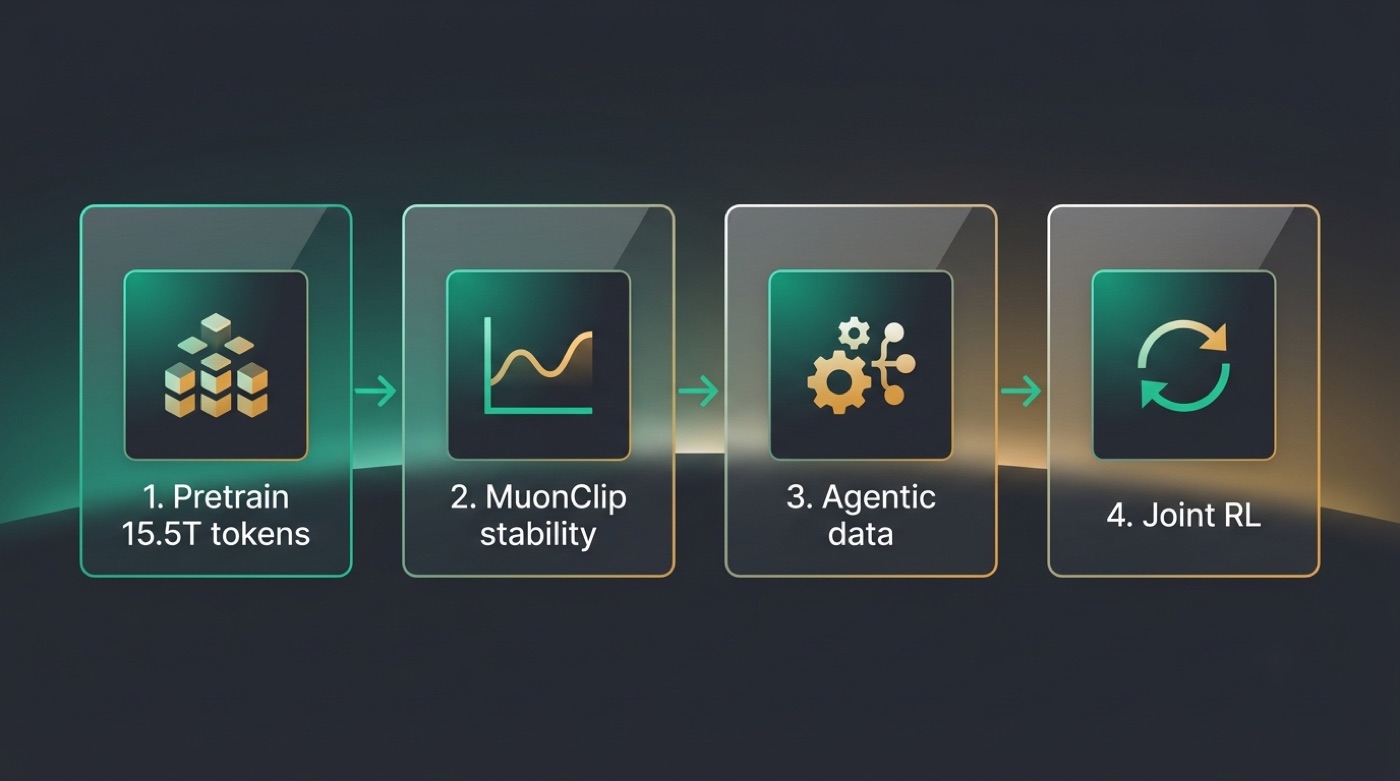 Four-stage Kimi K2 training pipeline: pretrain on 15.5T tokens, MuonClip stability, agentic data, joint reinforcement learning
