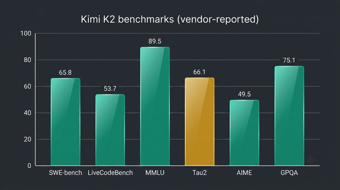 Bar chart of vendor-reported Kimi K2 benchmark scores: SWE-bench 65.8, LiveCodeBench 53.7, MMLU 89.5, Tau2 66.1, AIME 49.5, GPQA 75.1