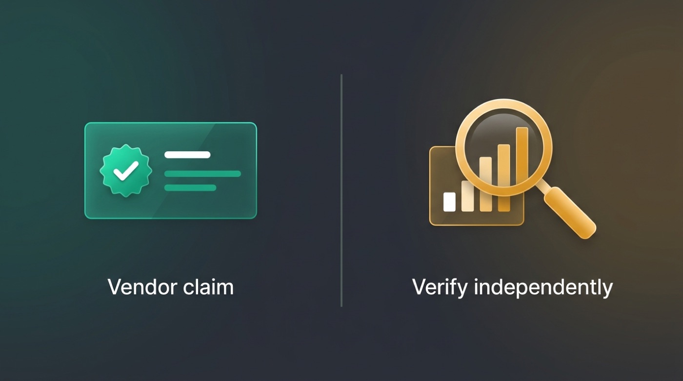 Split graphic: a vendor claim badge on one side, an independent verification magnifier over a chart on the other