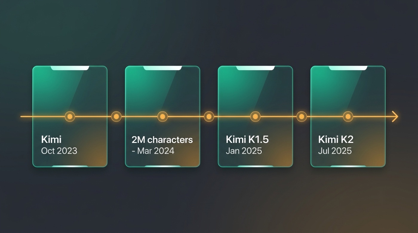 Kimi lineup timeline: Kimi Oct 2023, 2M characters Mar 2024, Kimi K1.5 Jan 2025, Kimi K2 Jul 2025