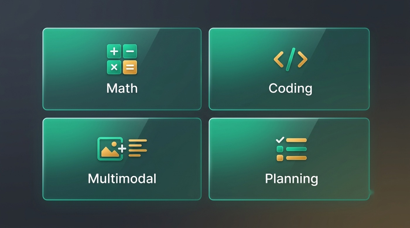 Four use-case tiles for a reasoning model: math, coding, multimodal, planning