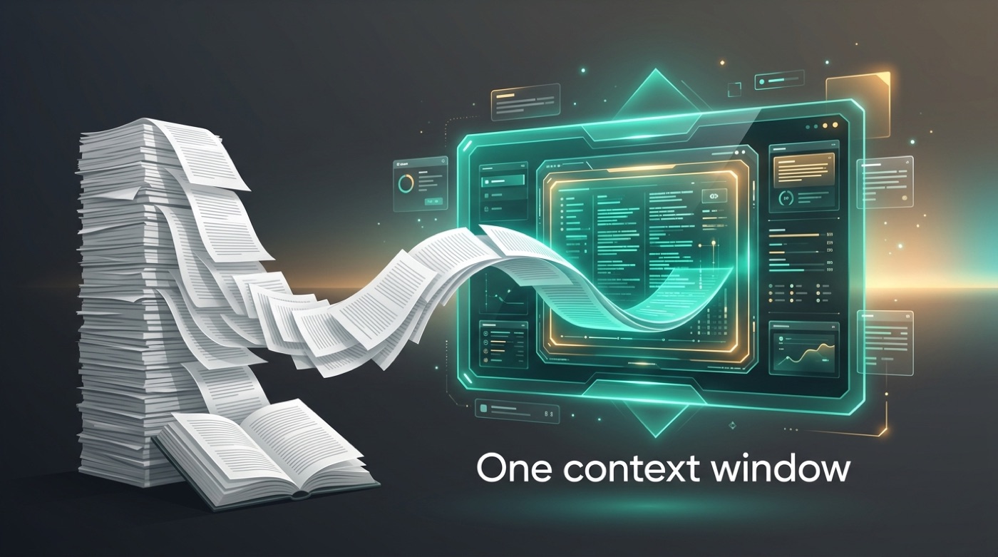 A tall stack of document pages and a book flowing into a single glowing context window panel