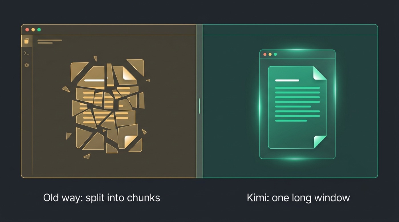 Split comparison: the old way splits a document into chunks, while Kimi keeps the whole document in one long window