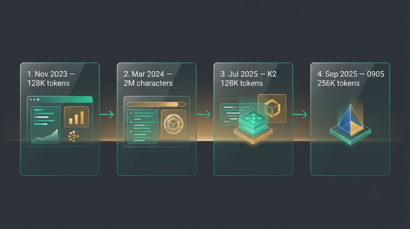 Timeline of Kimi's context window: Nov 2023 128K tokens, Mar 2024 2M characters, Jul 2025 K2 128K tokens, Sep 2025 0905 256K tokens