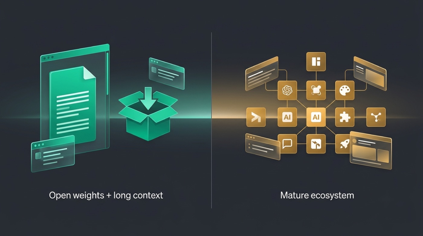 Split comparison: Kimi's open weights and long context versus ChatGPT's mature integration ecosystem