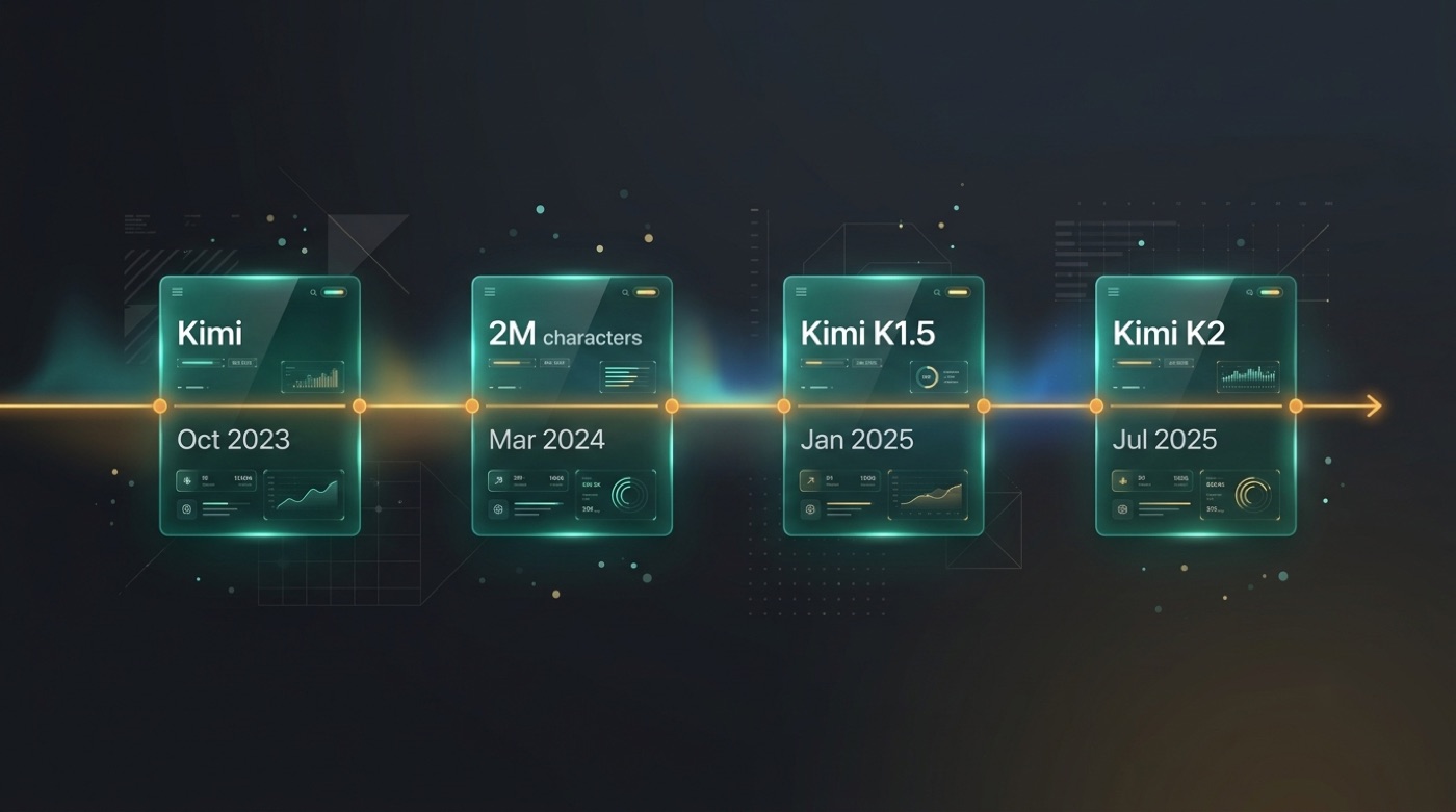 Timeline of the Kimi lineup: Kimi Oct 2023, 2M characters Mar 2024, Kimi K1.5 Jan 2025, Kimi K2 Jul 2025