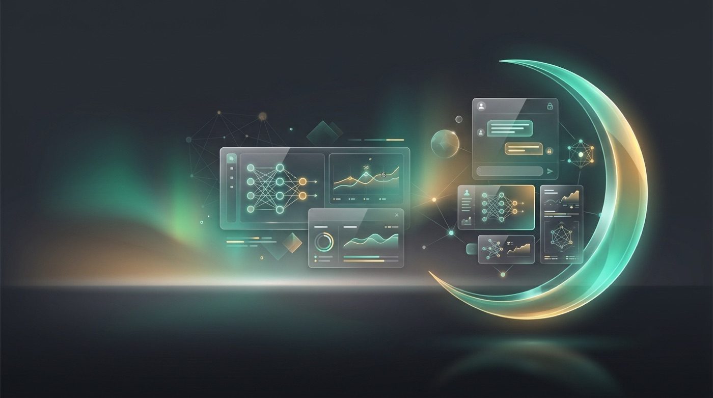 Abstract aurora illustration of an AI research lab with a glowing crescent moon and data panels