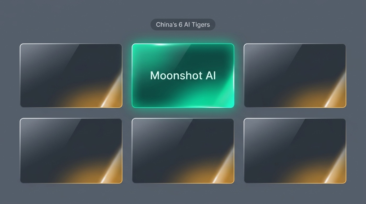 Grid of China's six AI Tigers with Moonshot AI highlighted