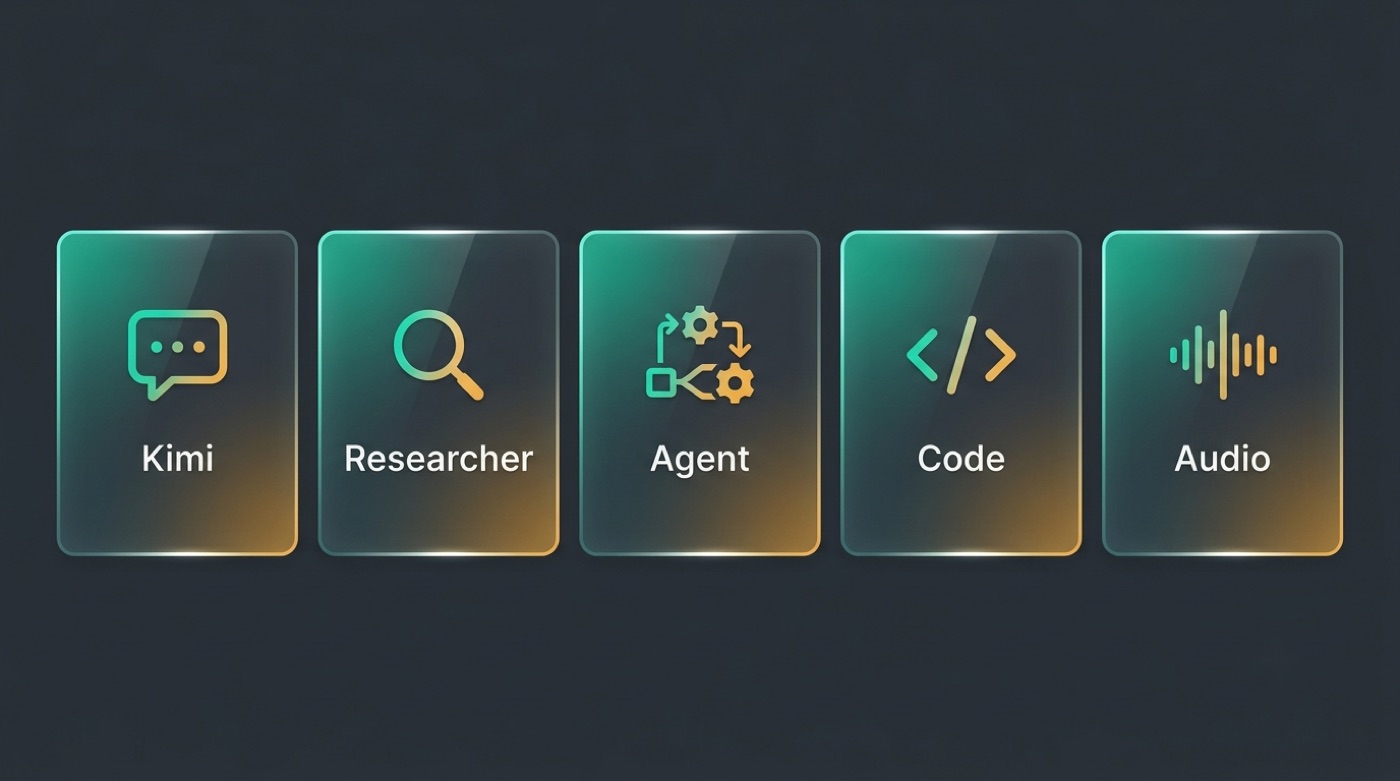 Moonshot AI product family: Kimi, Researcher, Agent, Code, Audio