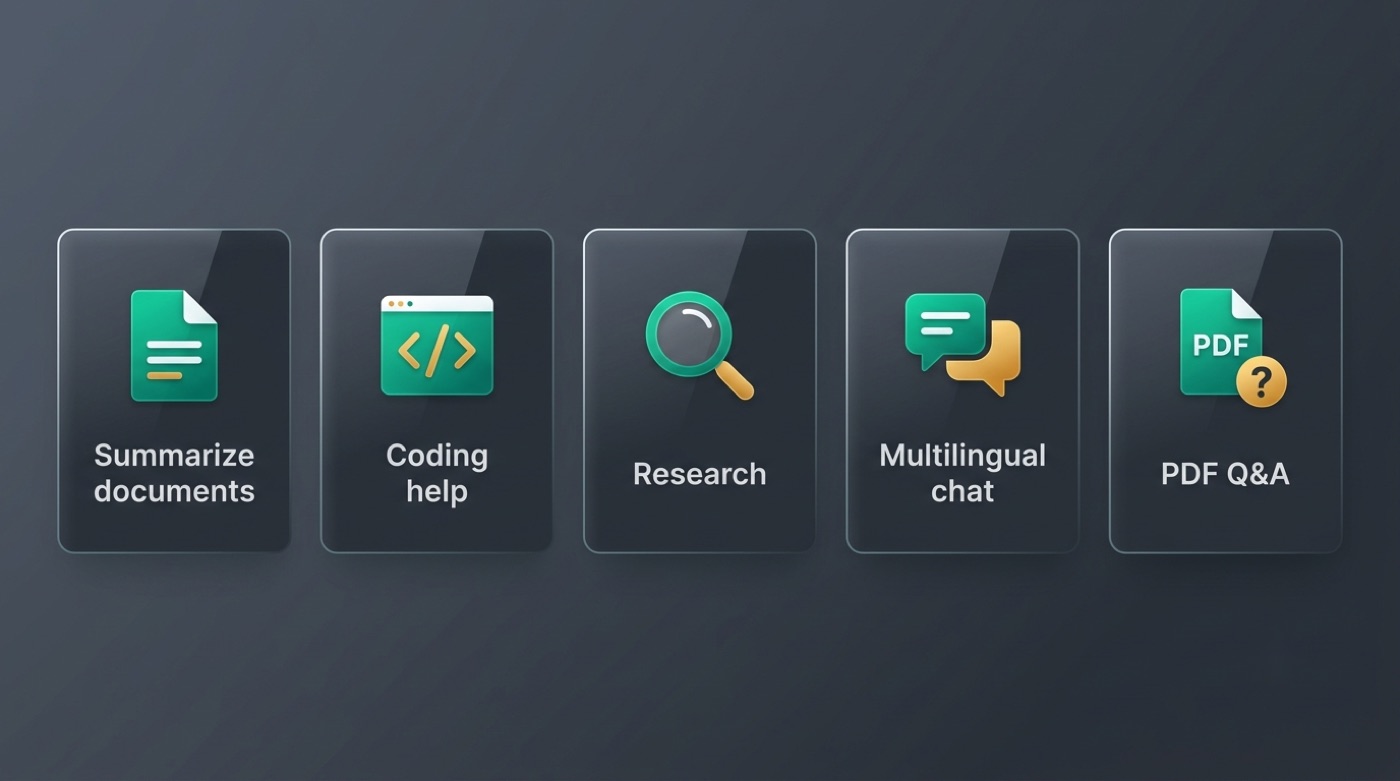 Five Kimi capabilities: summarize documents, coding help, research, multilingual chat, PDF Q&A