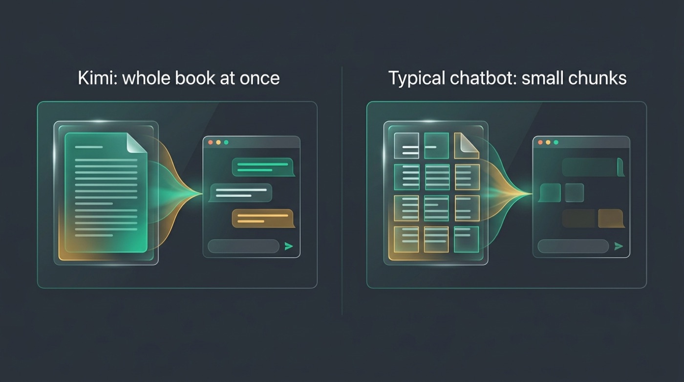 Comparison: Kimi reads a whole book at once versus a typical chatbot taking small chunks