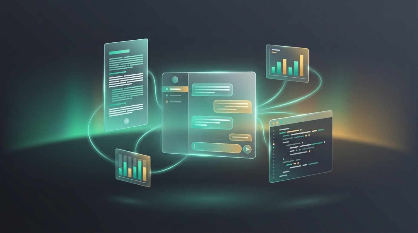 Kimi AI assistant interface surrounded by long-document, chart, and code panels
