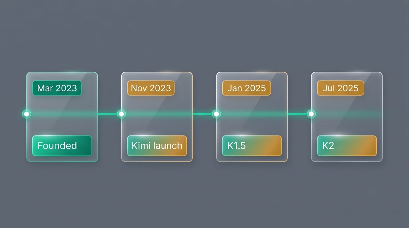 Timeline of Moonshot AI and Kimi milestones from 2023 to 2025