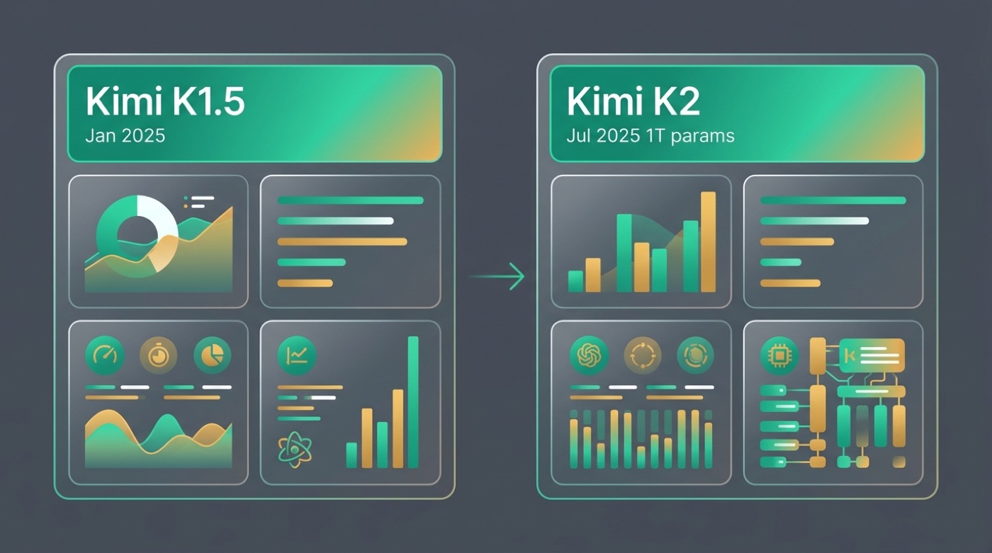 Side-by-side comparison cards for Kimi K1.5 and Kimi K2