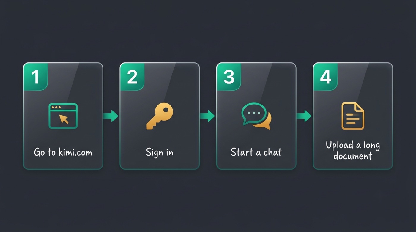 Four steps to start using Kimi: go to kimi.com, sign in, start a chat, upload a document
