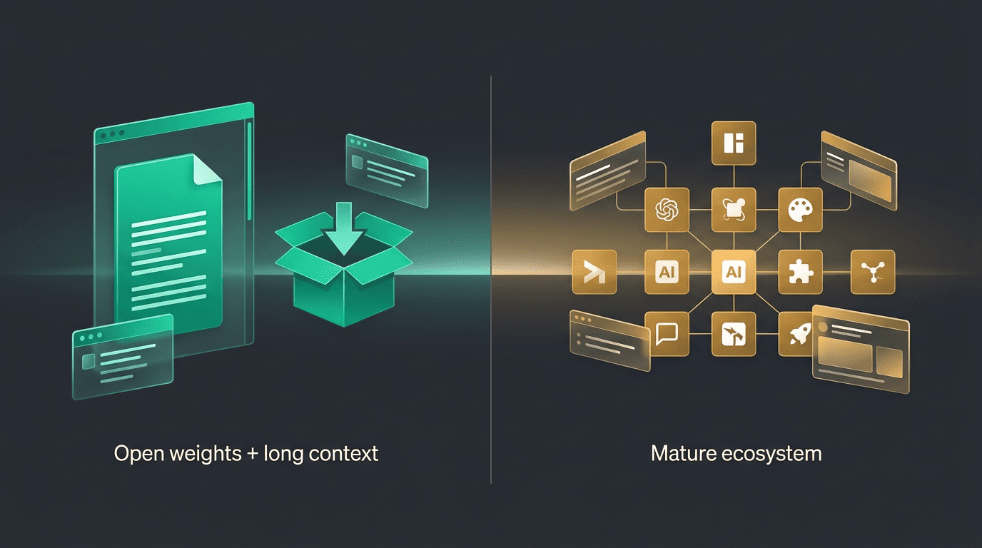 Split comparison: Kimi's open weights and long context versus ChatGPT's mature integration ecosystem